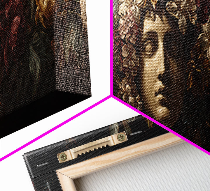 Floral Garland Surrounding a Classical Profile Canvas Print, Renaissanceinspired Art, Painting from Photo, Living Room Decor, REN-3x1-62