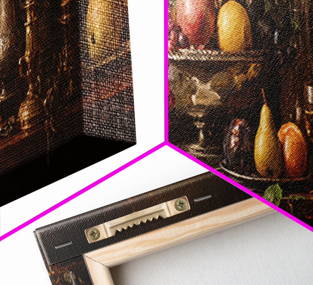 Oil Painted Fruit Still Life on Dark Framed Canvas Print, Renaissanceinspired Art, Wall Art, Living Room Decor, Abstract Art, REN-3x1-67