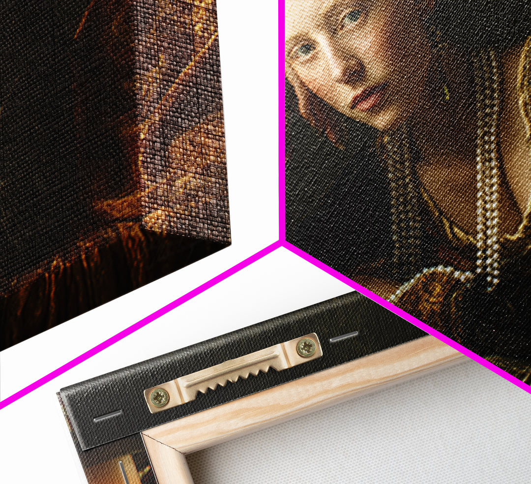 Portrait with Pearl Necklace and Velvet Dress Canvas Print, Renaissanceinspired Art, Cat Art, Living Room Decor, Classic, REN-3x2-64