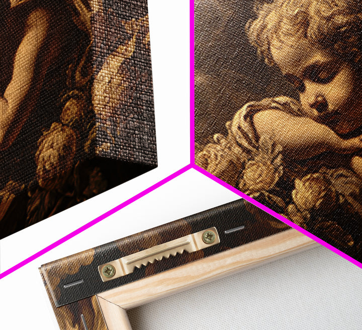 Cherub Holding a Ribbon Among Clouds Framed Canvas Print, Renaissanceinspired Art, Cat Art, Living Room Decor, Oil Painting, REN-3x2-82