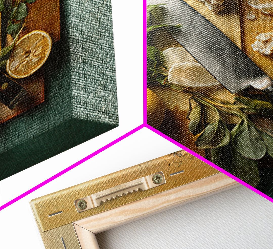 Chef Knife Herbs and Cutting Board Still Framed Canvas Print, Restaurant Art, Boho Decor, Restaurant Decor, Oil Painting, RES-1x1-37