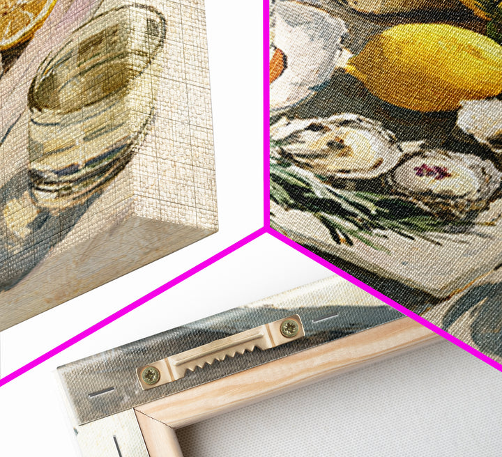 Oyster Platter with Lemons and Champagne Framed Canvas Print, Restaurant Art, Food Art, Restaurant Decor, Oil Painting, Bistro, RES-1x1-51