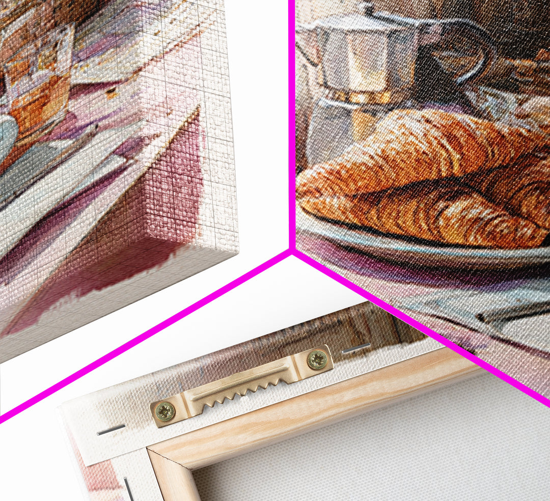 French Bistro Coffee and Croissant Still Life Canvas Print, Restaurant Art, Food Art, Restaurant Decor, Oil Painting, Bistro, RES-1x1-54