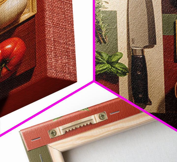 Chef Knife Herbs and Cutting Board Still Framed Canvas Print, Restaurant Art, Boho Decor, Restaurant Decor, Oil Painting, RES-1x1-61