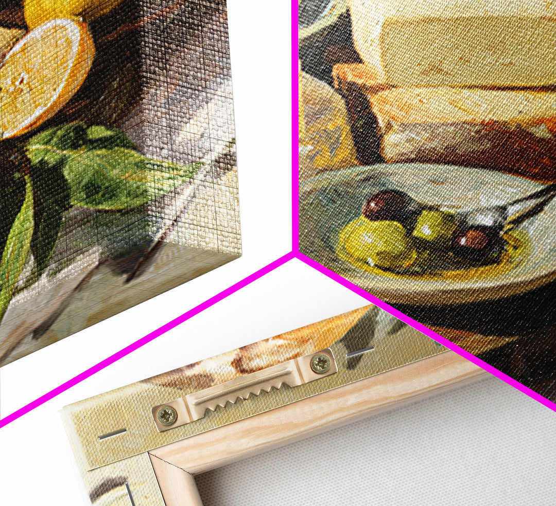 Mediterranean Olives Bread and Cheese Board Canvas Print, Restaurant Art, Wall Decor, Restaurant Decor, Fine Art, Bistro, RES-1x1-81