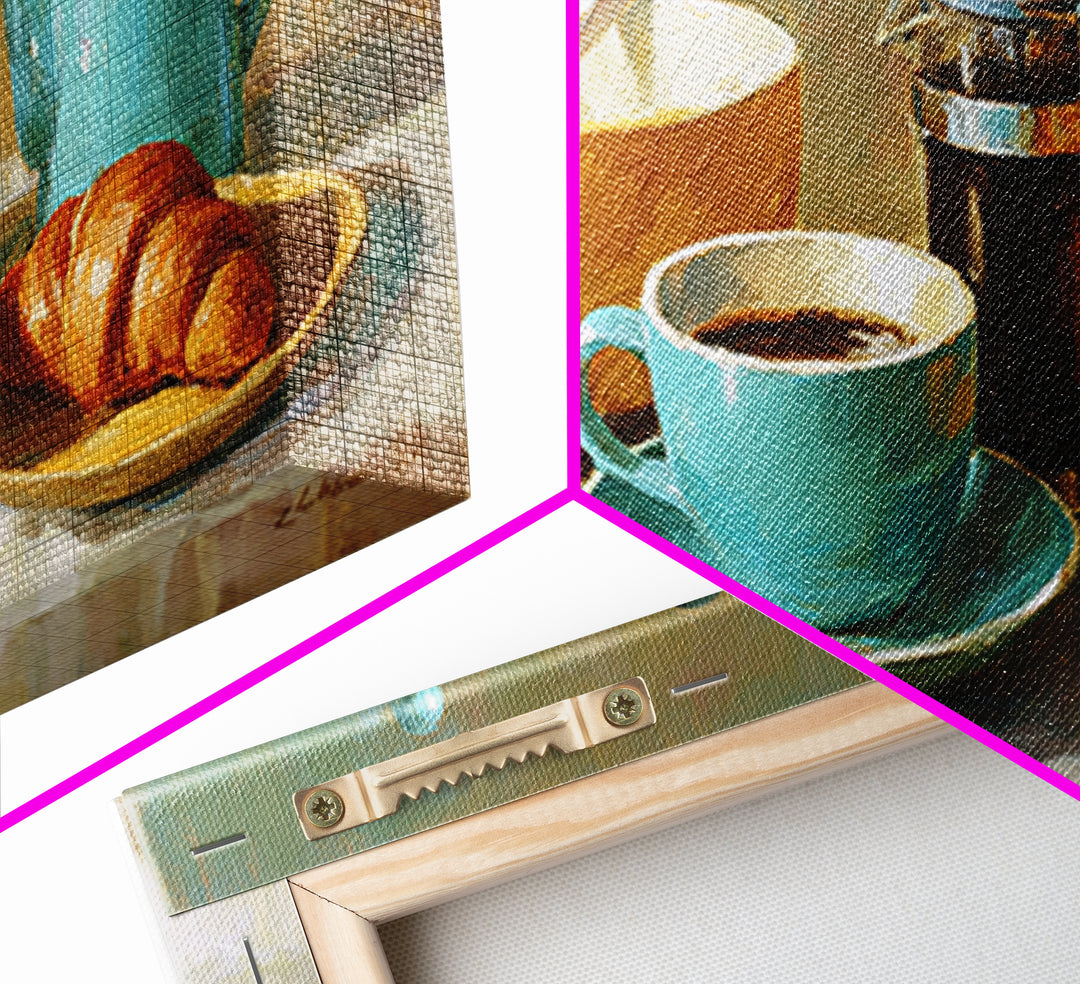 French Bistro Coffee and Croissant Still Life Framed Canvas Print, Restaurant Art, Wall Decor, Restaurant Decor, Bistro, RES-2x1-50