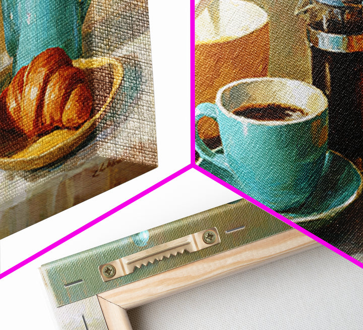 French Bistro Coffee and Croissant Still Life Framed Canvas Print, Restaurant Art, Wall Decor, Restaurant Decor, Bistro, RES-2x1-50