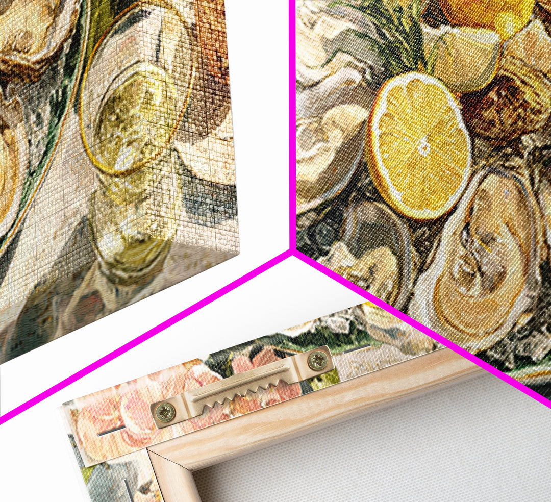 Oyster Platter with Lemons and Champagne Framed Canvas Print, Restaurant Art, Neutral Decor, Restaurant Decor, Fine Art, Bistro, RES-2x1-95