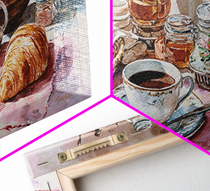 French Bistro Coffee and Croissant Still Life Canvas Print, Restaurant Art, Framed Wall Art, Restaurant Decor, Watercolor Art, RES-2x1-98