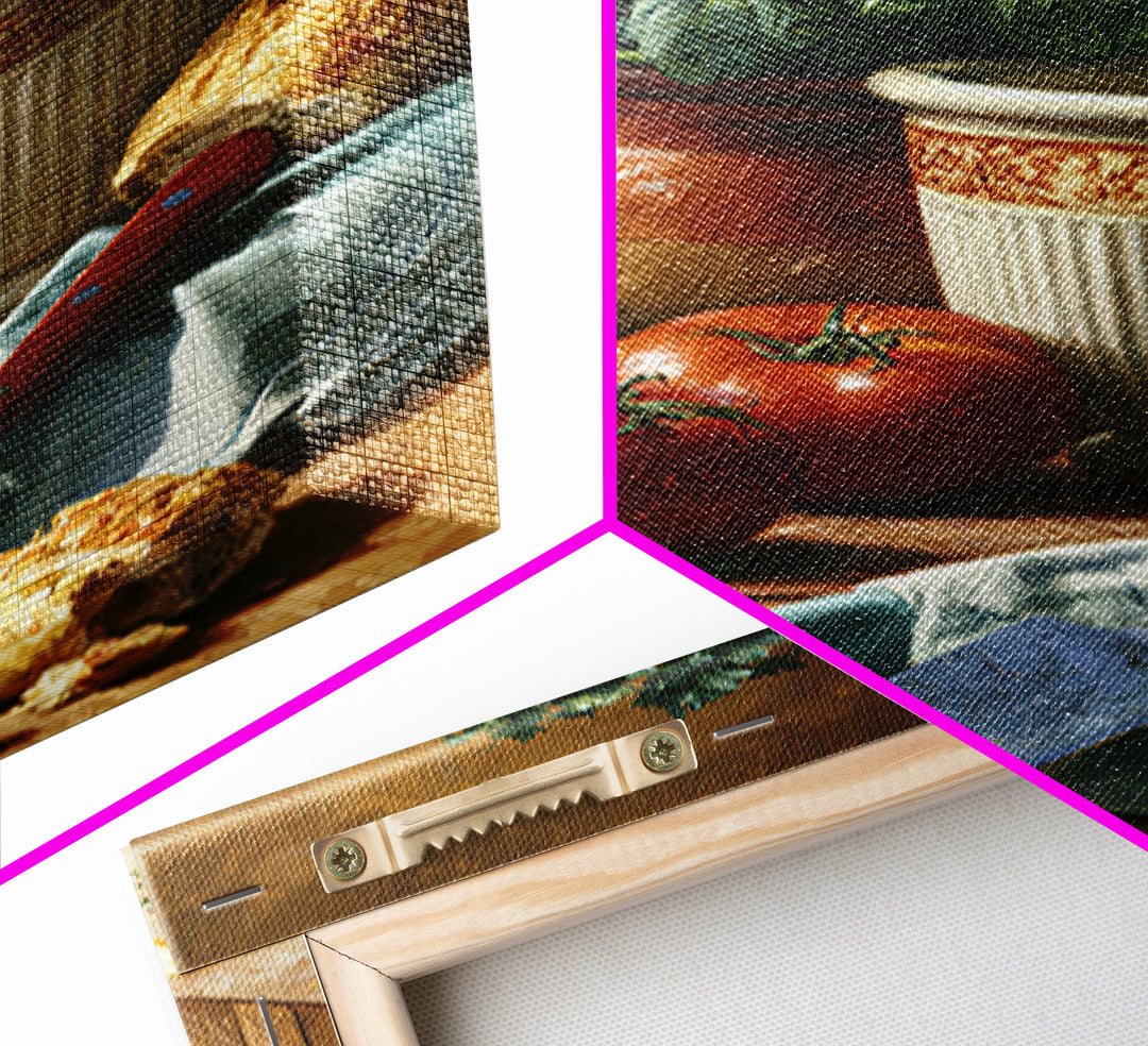Chef Knife Herbs and Cutting Board Still Framed Canvas Print, Restaurant Art, Restaurant Decor, Oil Painting, Bistro, RES-2x3-21