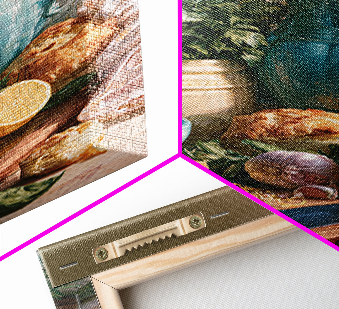 Chef Knife Herbs and Cutting Board Still Framed Canvas Print, Restaurant Art, Living Room Decor, Restaurant Decor, Bistro, RES-2x3-69