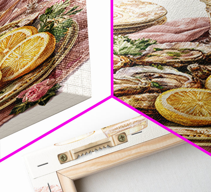Oyster Platter with Lemons and Champagne Framed Canvas Print, Restaurant Art, Watercolor Art, Restaurant Decor, Abstract Art, RES-2x3-83
