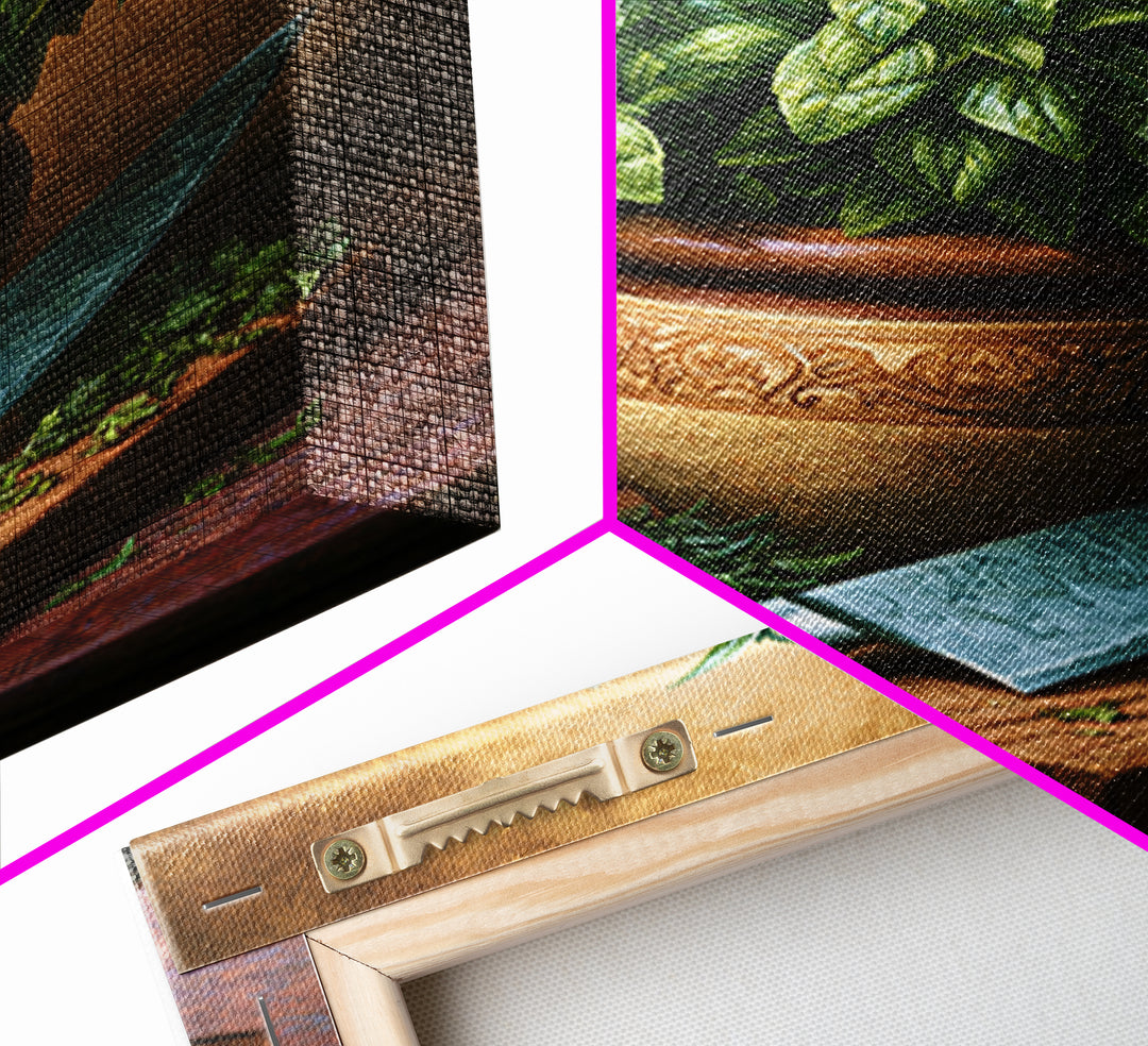 Chef Knife Herbs and Cutting Board Still Framed Canvas Print, Restaurant Art, Living Room Decor, Restaurant Decor, Bistro, RES-2x3-93
