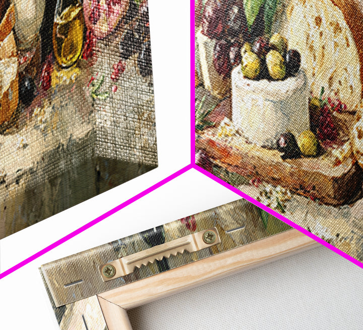 Mediterranean Olives Bread and Cheese Board Framed Canvas Print, Restaurant Art, Wall Art Print, Restaurant Decor, Bistro, RES-3x1-1