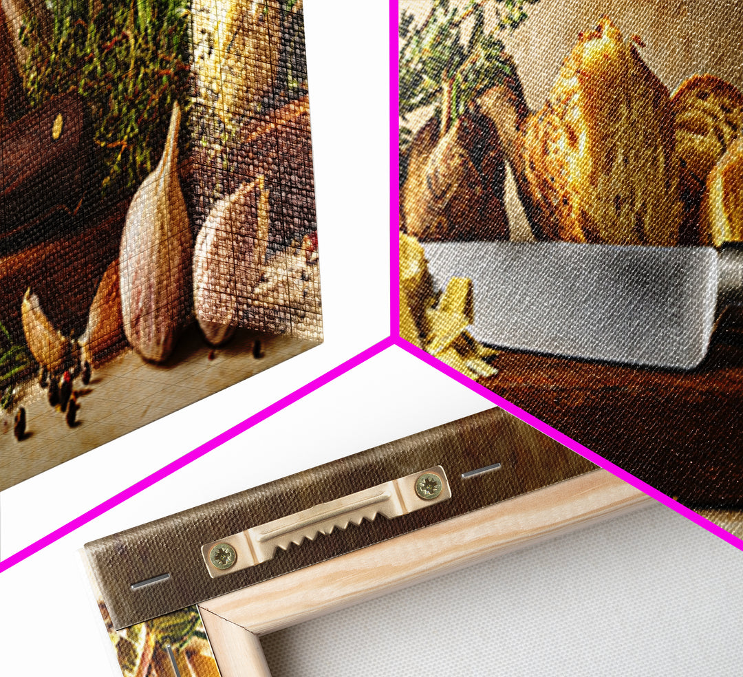 Chef Knife Herbs and Cutting Board Still Framed Canvas Print, Restaurant Art, Stained Glass Art, Restaurant Decor, Bistro, RES-3x1-53