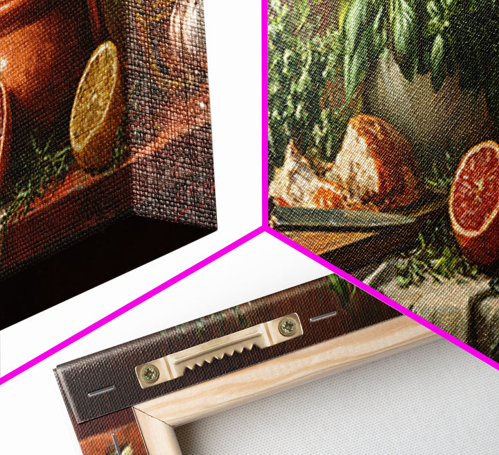 Chef Knife Herbs and Cutting Board Still Framed Canvas Print, Restaurant Art, Stained Glass Art, Restaurant Decor, Bistro, RES-3x1-77