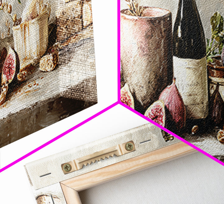 Wine Bottle and Figs Framed Canvas Print, Restaurant Art, Boho Decor, Restaurant Decor, Oil Painting, Bistro, RES-3x1-89