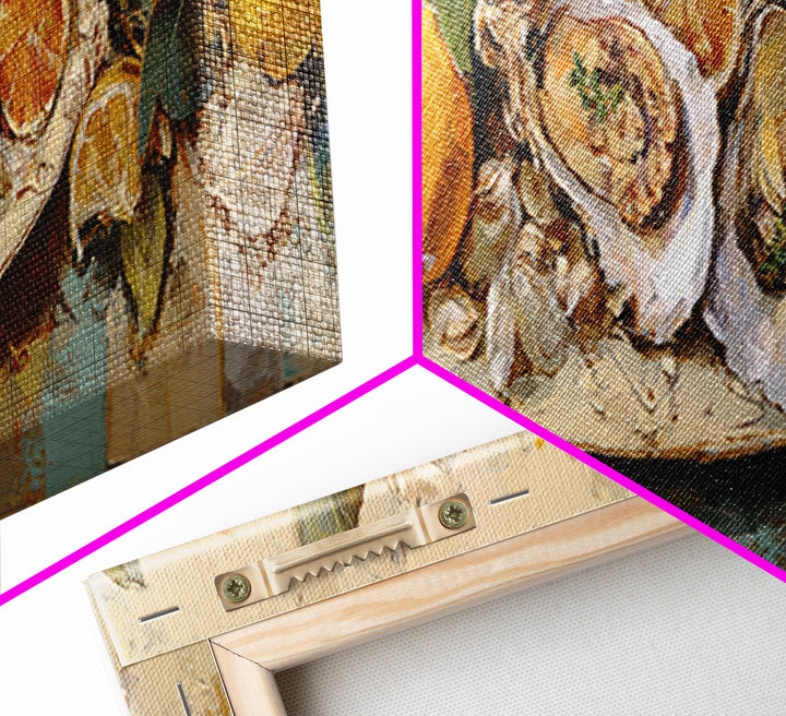 Oyster Platter with Lemons and Champagne Canvas Print, Restaurant Art, Canvas, Restaurant Decor, Bistro, Living Room Decor, RES-3x1-91