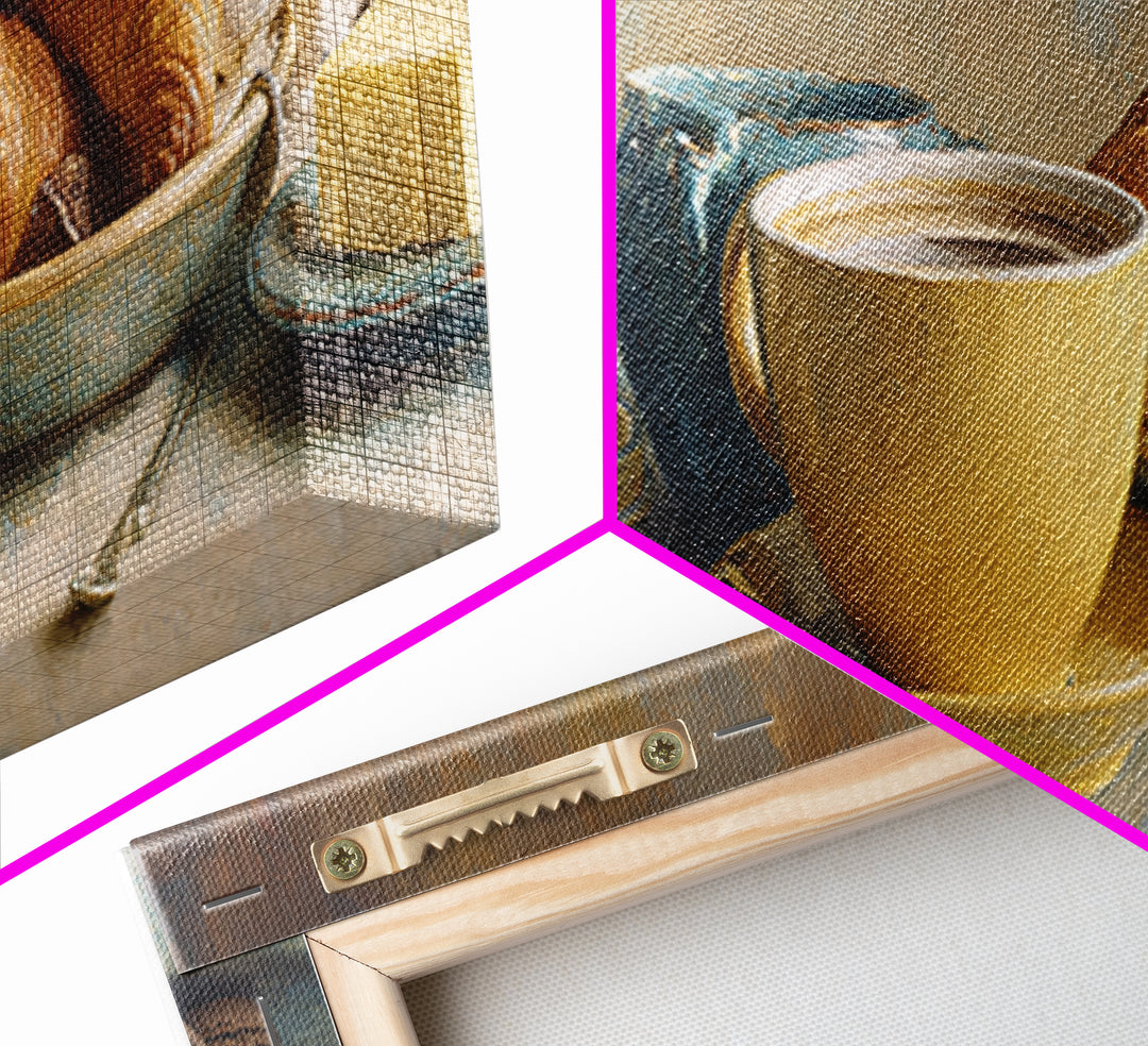 French Bistro Coffee and Croissant Still Life Canvas Print, Restaurant Art, Bedroom Wall Art, Restaurant Decor, Watercolor Art, RES-3x1-94