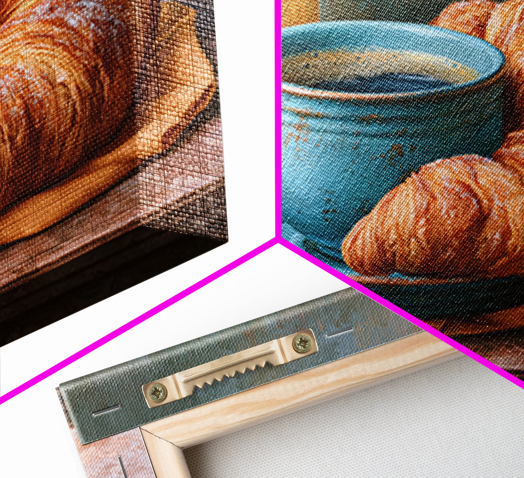 French Bistro Coffee and Croissant Still Life Framed Canvas Print, Restaurant Art, Food Art, Restaurant Decor, Oil Painting, RES-3x2-82