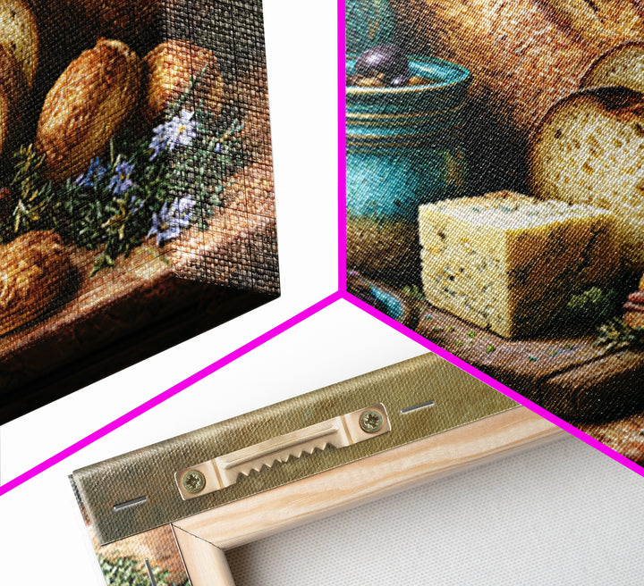 Mediterranean Olives Bread and Cheese Board Framed Canvas Print, Restaurant Art, Statement Artwork, Restaurant Decor, Bistro, RES-3x2-85