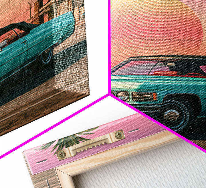Classic Convertible at Pink Sunset Canvas Print, Retro Art, Whimsical Decor, Living Room Decor, Fine Art, Retro, Modern Decor, RET-1x1-10
