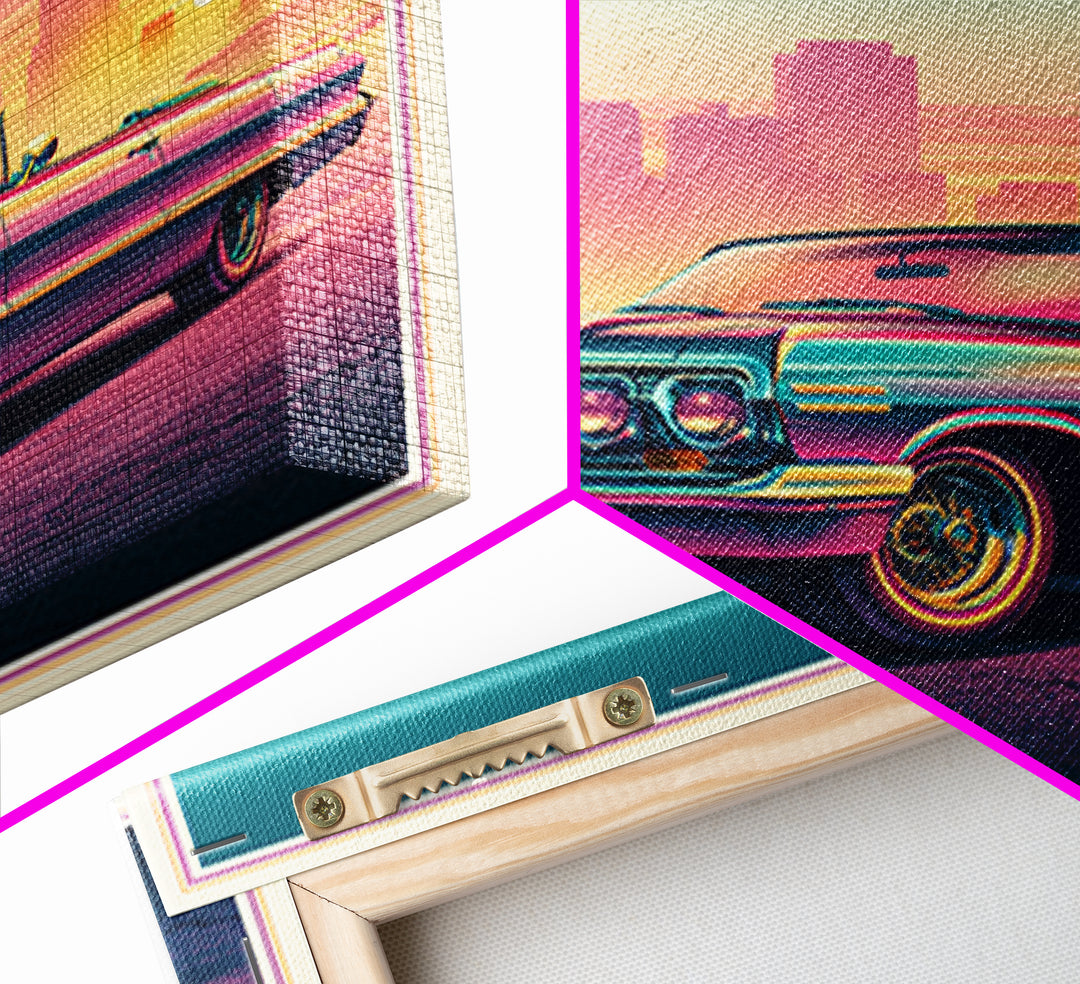 Classic Convertible at Pink Sunset Framed Canvas Print, Retro Art, Bedroom Wall Art, Living Room Decor, Watercolor Art, Retro, RET-1x1-34