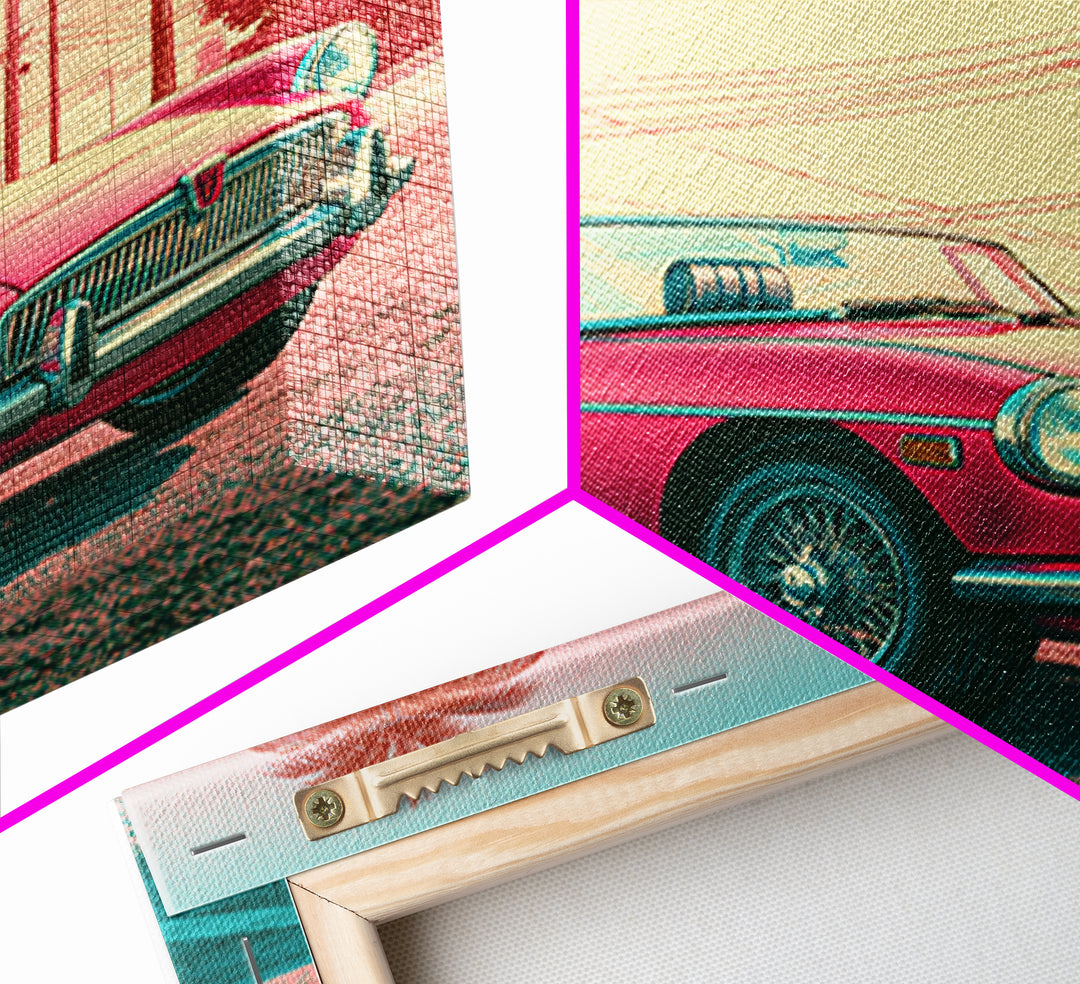 Classic Convertible at Pink Sunset Framed Canvas Print, Retro Art, Bedroom Wall Art, Living Room Decor, Watercolor Art, Retro, RET-1x1-58