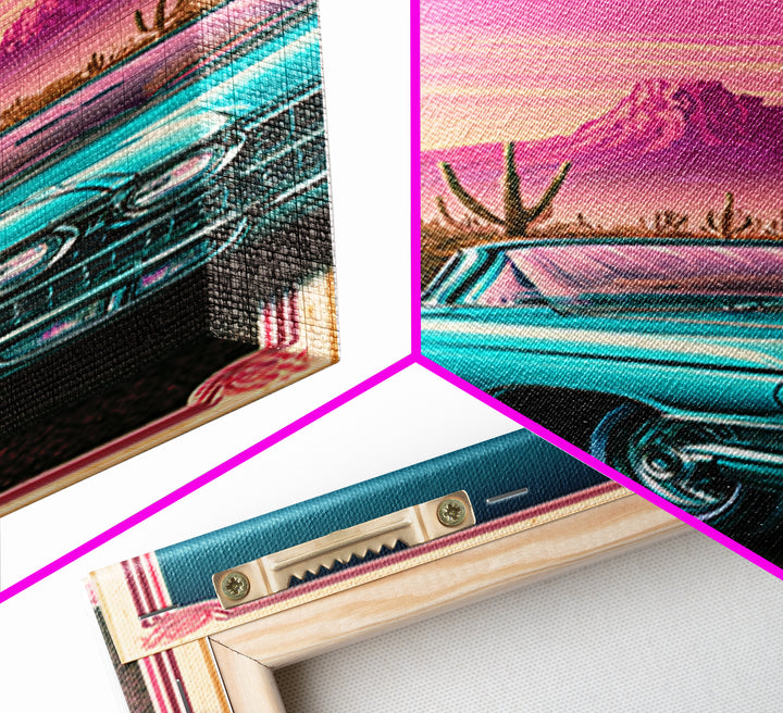 Classic Convertible at Pink Sunset Framed Canvas Print, Retro Art, Cat Art, Living Room Decor, Fine Art, Retro, RET-1x3-70