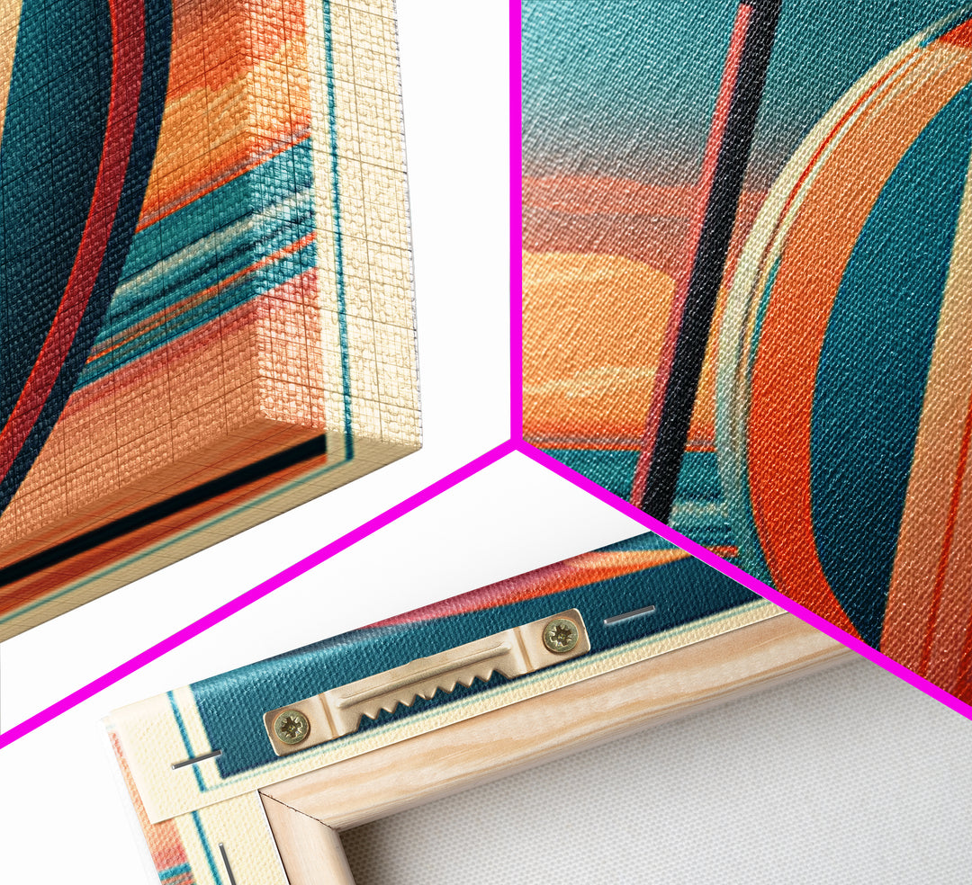 Retro Beach Umbrella and Surfboard Canvas Print, Retro Art, Floral Wall Art, Living Room Decor, Retro, Minimalist Decor, RET-1x3-78