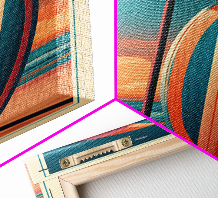 Retro Beach Umbrella and Surfboard Canvas Print, Retro Art, Floral Wall Art, Living Room Decor, Retro, Minimalist Decor, RET-1x3-78