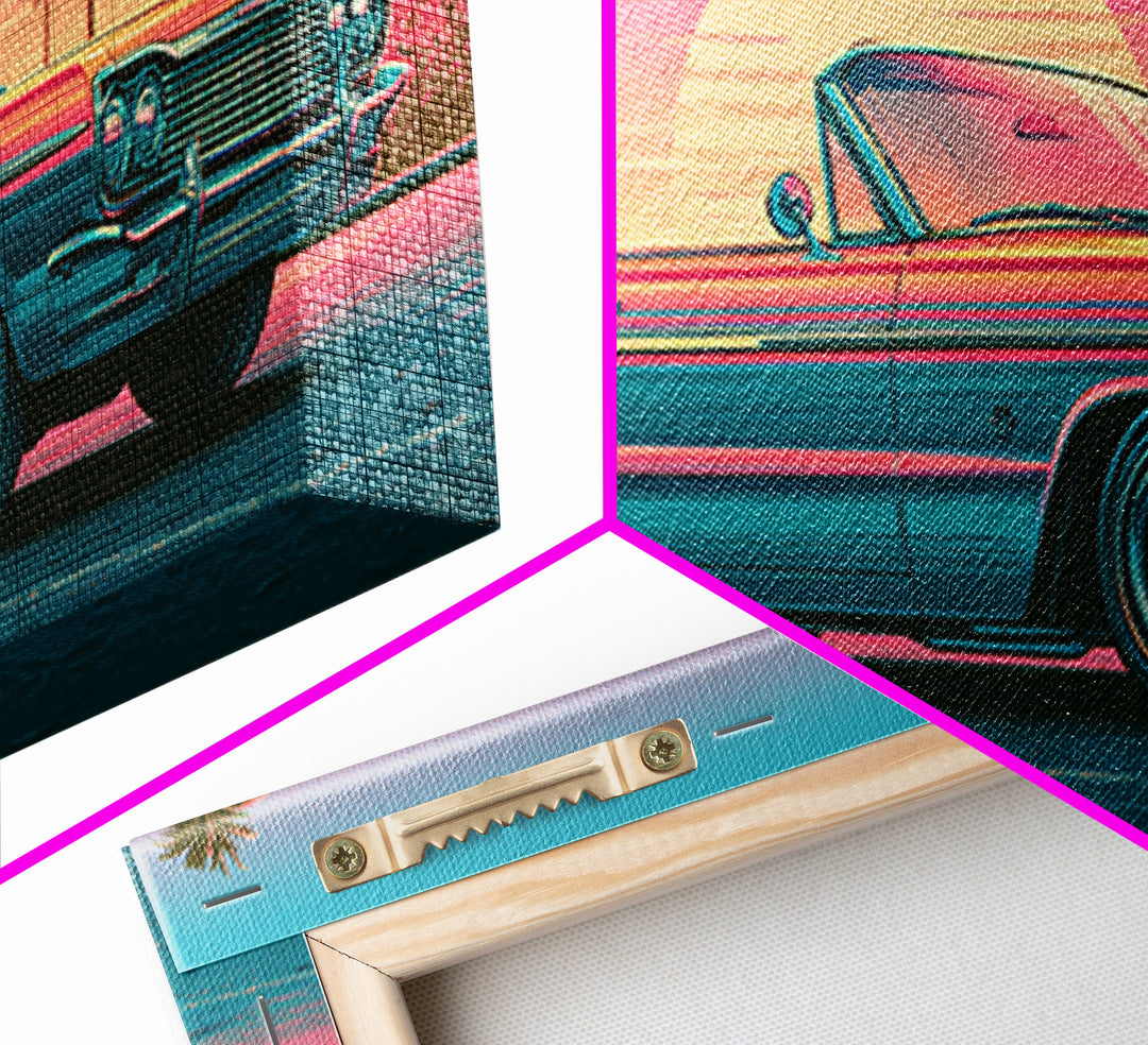 Classic Convertible at Pink Sunset Framed Canvas Print, Retro Art, Luxury Decor, Living Room Decor, Fine Art, Retro, RET-2x1-30