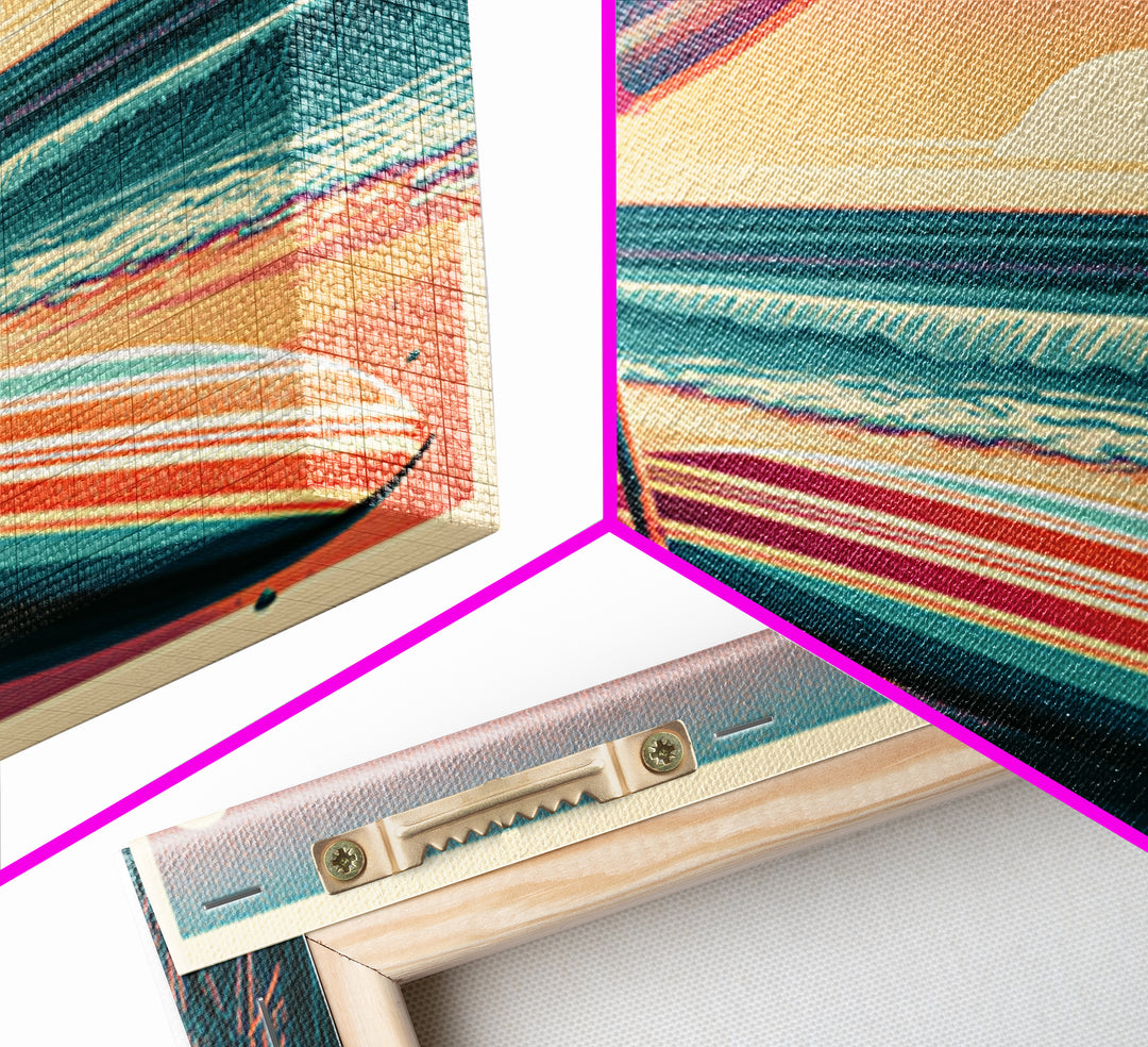 Retro Beach Umbrella and Surfboard Canvas Print, Retro Art, Room Decor, Living Room Decor, Oil Painting, Retro, Wall Art Prints, RET-2x1-62