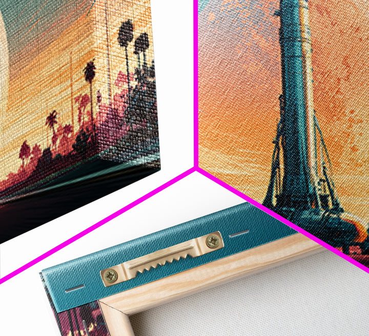 Space Age Rocket Poster Scene Framed Canvas Print, Retro Art, Boho Decor, Living Room Decor, Fine Art, Retro, Posters, RET-2x1-75