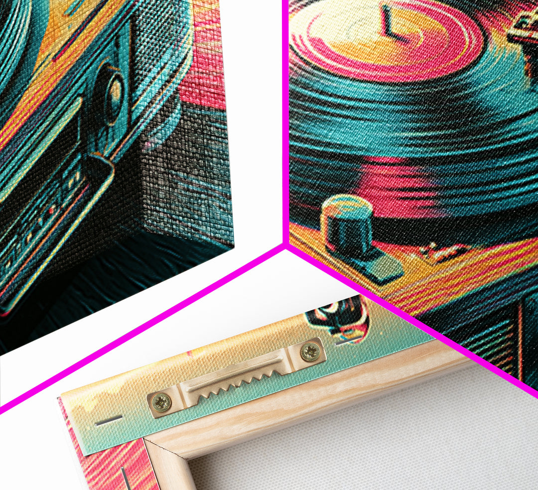 Vinyl Record Player Framed Canvas Print, Retro Art, Printable Art, Living Room Decor, Fine Art, Retro, Funky Wall Art, RET-2x1-80