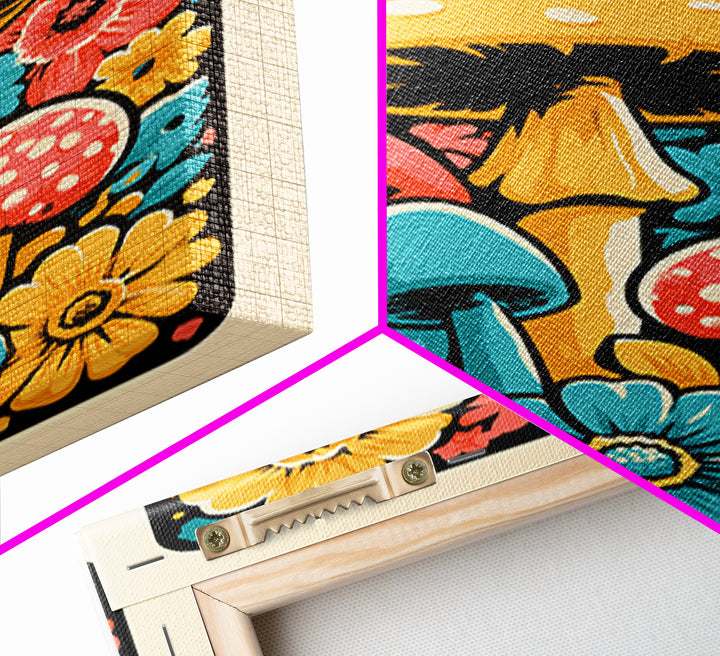 Funky Mushroom and Flower Pattern Canvas Print, Retro Art, Poster, Living Room Decor, Watercolor Art, Retro, Abstract Art, RET-2x3-79