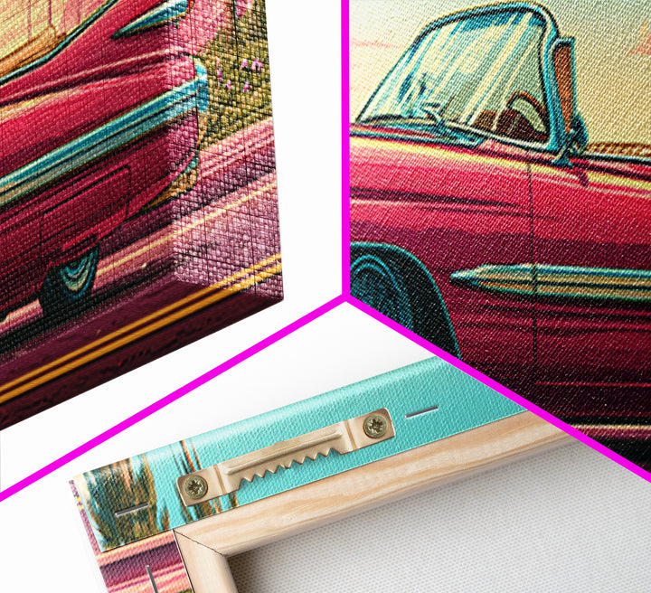 Classic Convertible at Pink Sunset Framed Canvas Print, Retro Art, Digital Prints, Living Room Decor, Fine Art, Retro, RET-3x1-2