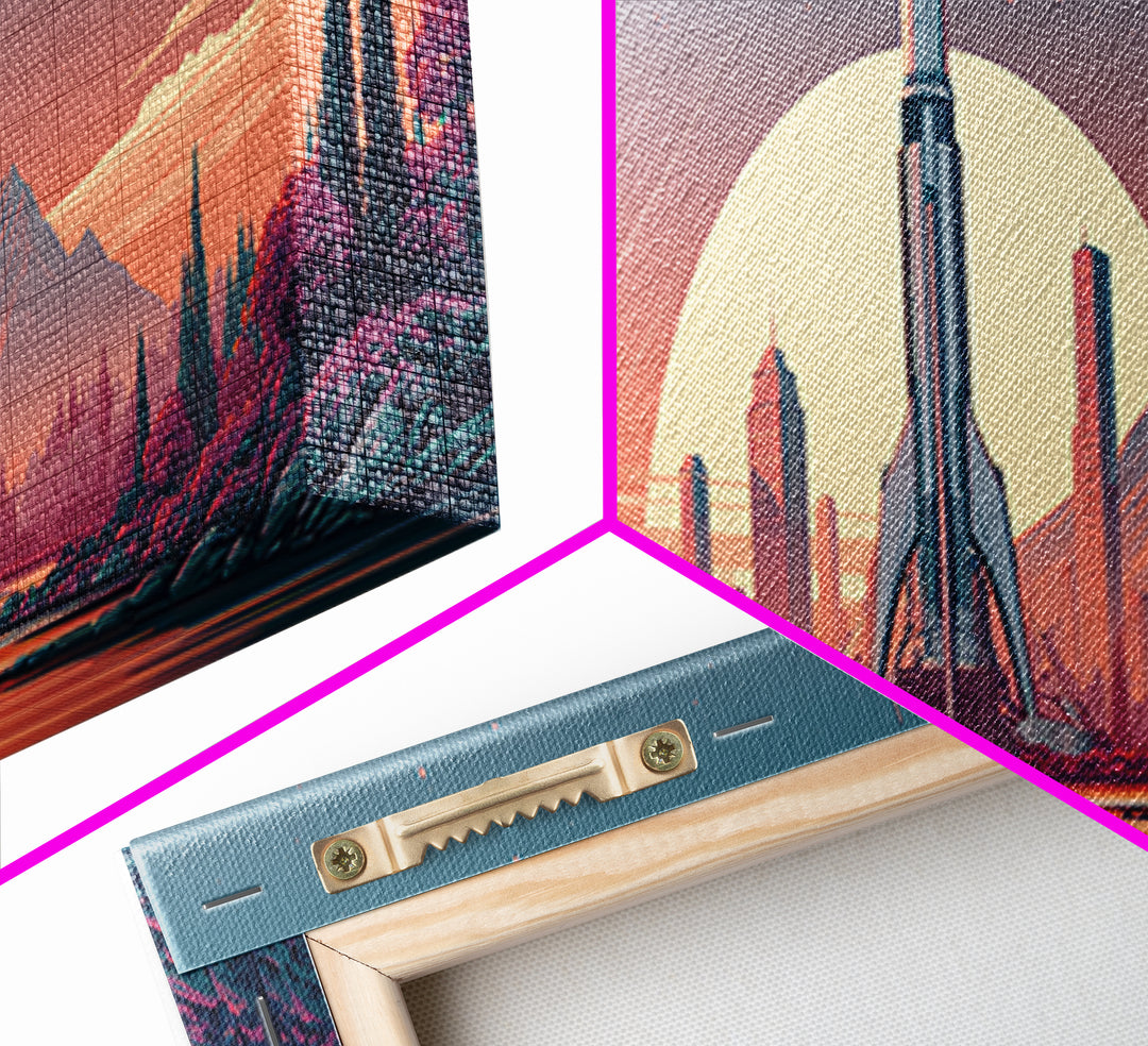 Space Age Rocket Poster Scene Framed Canvas Print, Retro Art, Wall Decor, Living Room Decor, Fine Art, Retro, Apartment Decor, RET-3x1-47