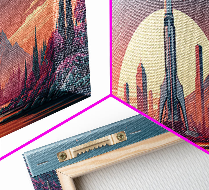 Space Age Rocket Poster Scene Framed Canvas Print, Retro Art, Wall Decor, Living Room Decor, Fine Art, Retro, Apartment Decor, RET-3x1-47