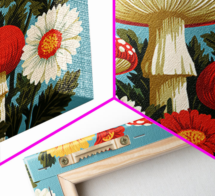 Funky Mushroom and Flower Pattern Framed Canvas Print, Retro Art, Abstract Wall Art, Living Room Decor, Fine Art, Retro, RET-3x2-27