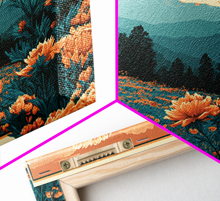 Retro Floral Pattern Framed Canvas Print, Retro Art, Movie Poster, Living Room Decor, Oil Painting, Retro, Wall Art Print, RET-3x2-63