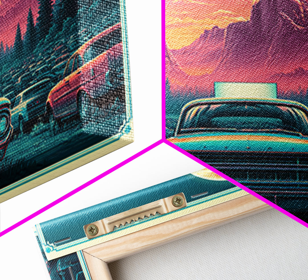 Drive in Movie Scene with Moonlit Cars Framed Canvas Print, Retro Art, Luxury Decor, Living Room Decor, Fine Art, Retro, RET-3x2-92