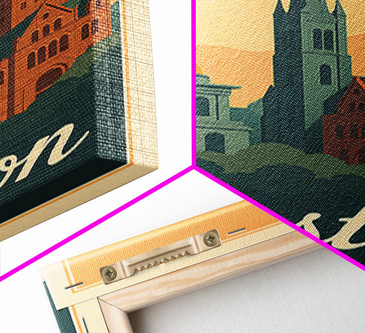 Boston Massachusetts Travel Poster, Framed Canvas Print, Retro Sunset Skyline Art, Boston Art Print, Mid Century Wall Art, City Illustration