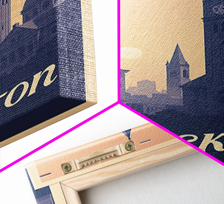 Brockton Travel Poster, Framed Canvas Print, Classic Travel Poster Art, Brockton Wall Art, Watercolor Urban Skyline, Fine Art Print