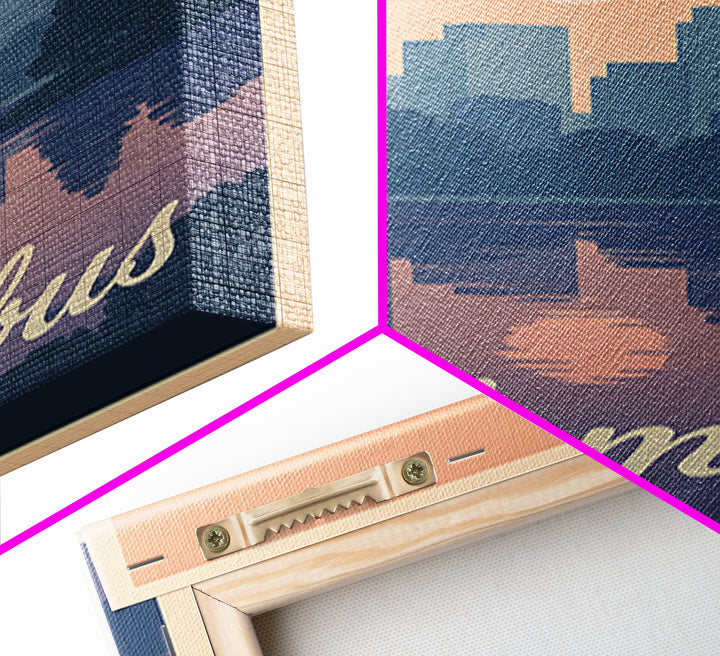 Columbus Travel Poster, Framed Canvas Print, Retro Sunset Skyline Art, Columbus Wall Art, Modern Wall Decor, Retro Travel Print
