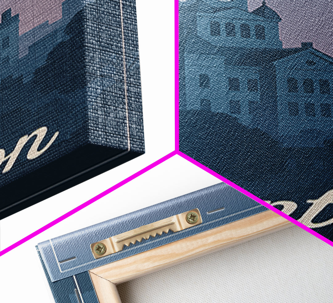 Denton Travel Poster, Framed Canvas Print, Retro Sunset Skyline Art, Denton Poster Print, Vintage Travel Art, City Travel Prints