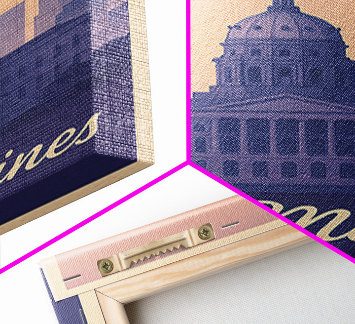 Des Moines Travel Poster, Framed Canvas Print, Retro Sunset Skyline Art, Des Moines Art Print, Vintage Travel Art, City Art Print