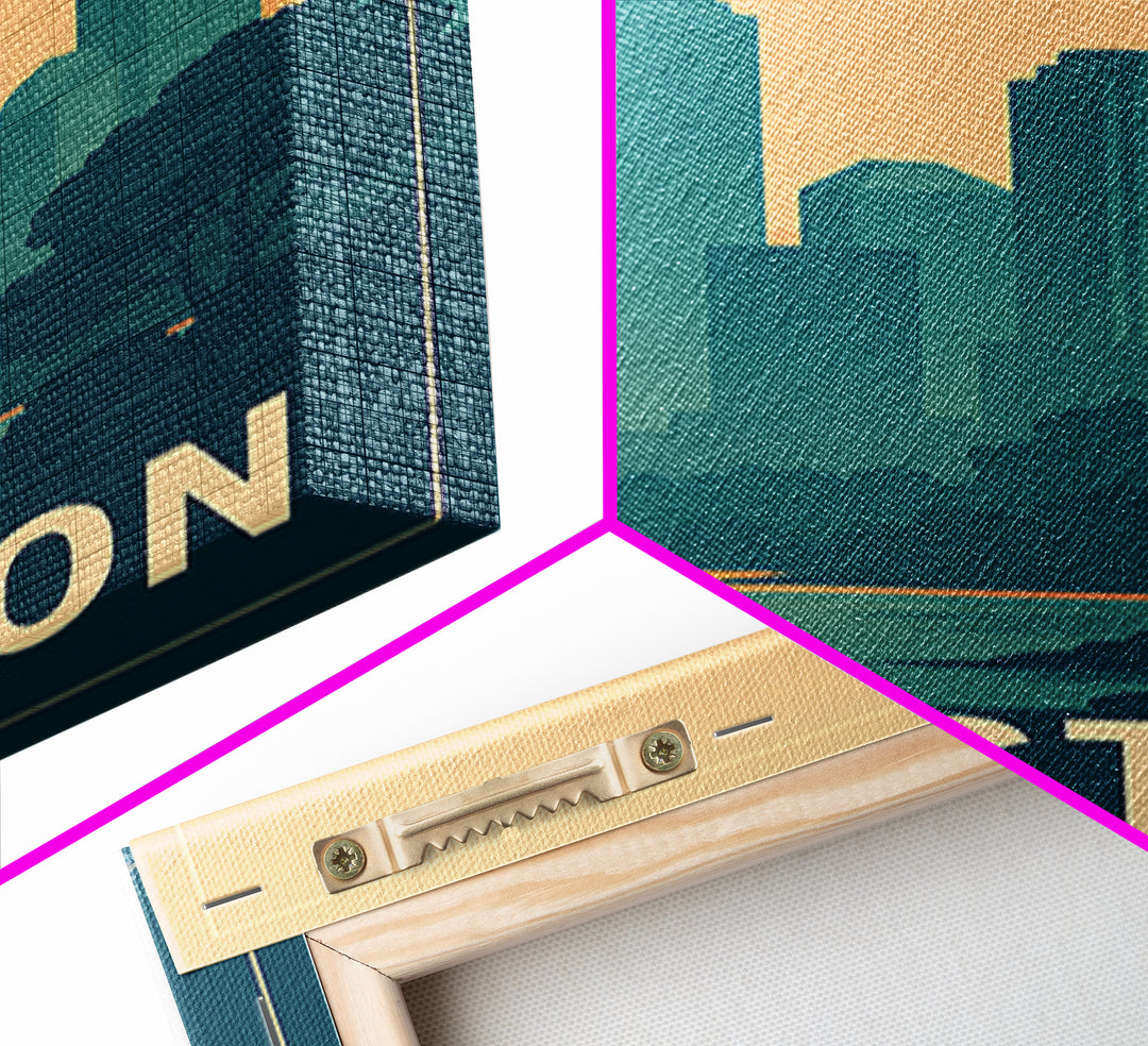 Houston Travel Poster, Framed Canvas Print, Retro Sunset Skyline Art, Houston Travel Art, Modern Wall Decor, Living Room Wall Art