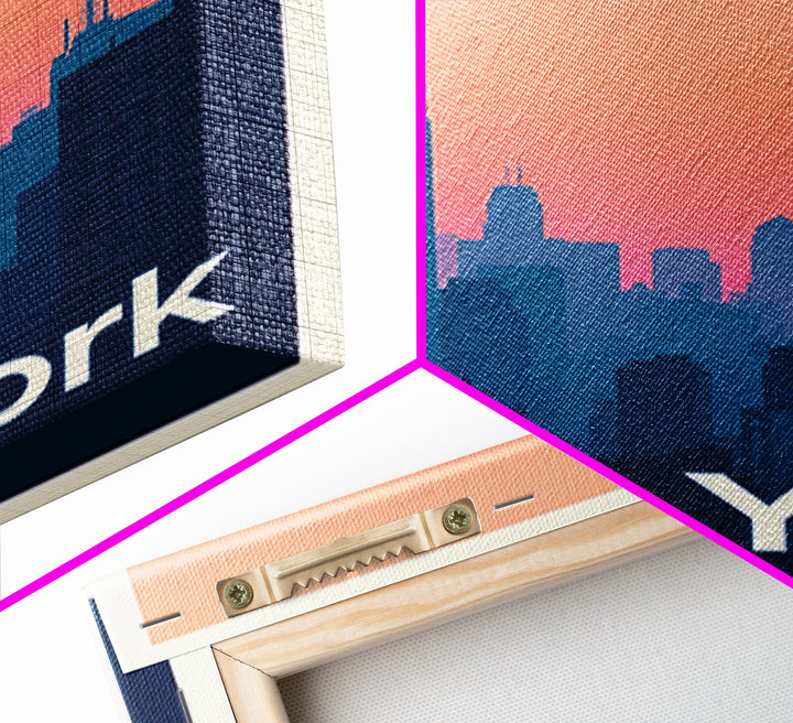New York Travel Poster, Framed Canvas Print, Retro Sunset Skyline Art, New York Travel Art, Living Room Wall Art, Eclectic Wall Decor