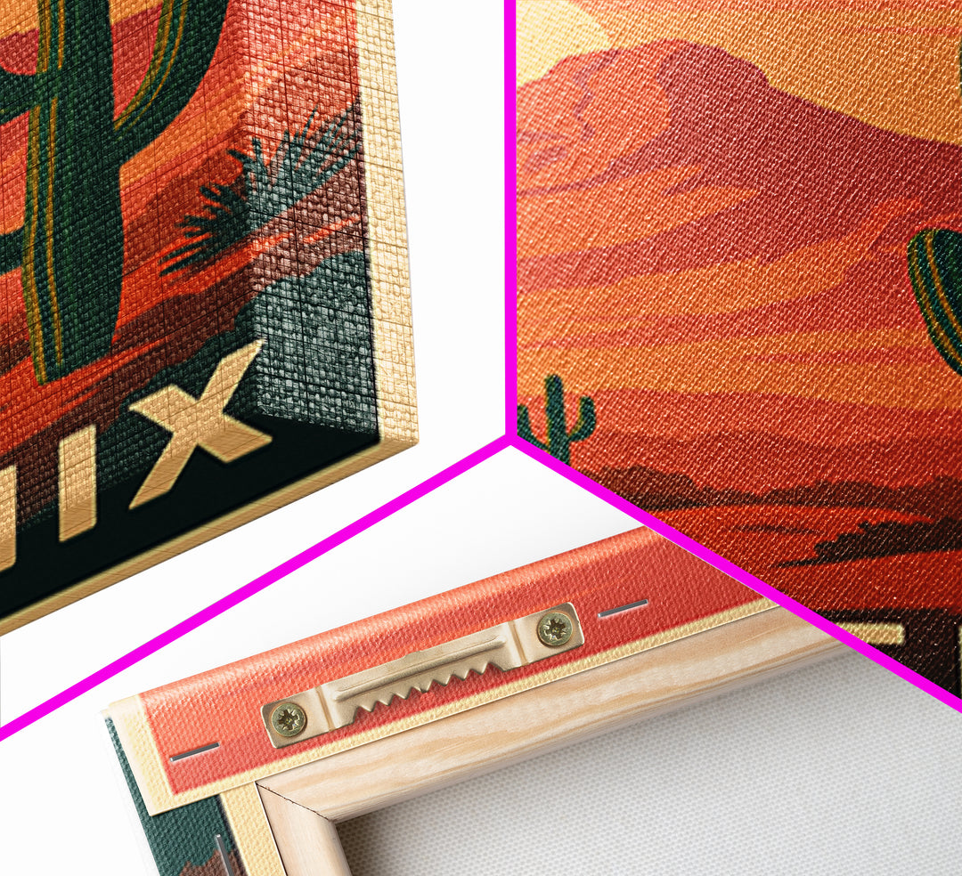 Phoenix Arizona Travel Poster, Framed Canvas Print, Retro Sunset Skyline Art, Phoenix Travel Art, Vintage Travel Print, Vintage City Poster